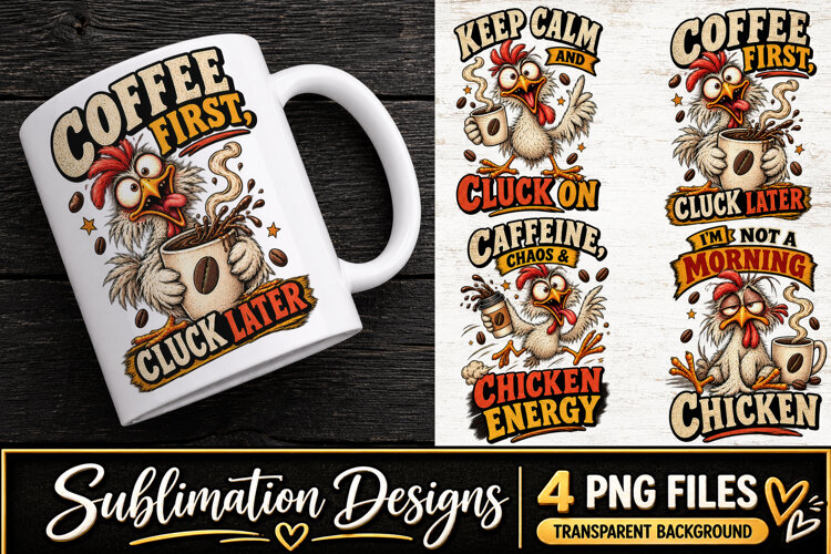 Funny Chicken Coffee Clipart Sublimation PNG example image 1
