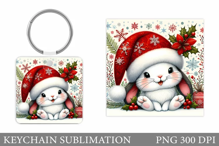 Christmas Bunny Keychain. Christmas Keychain Sublimation