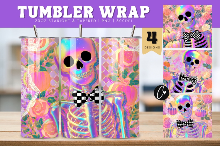 Iridescent Halloween Skeleton Tumbler Wraps PNG