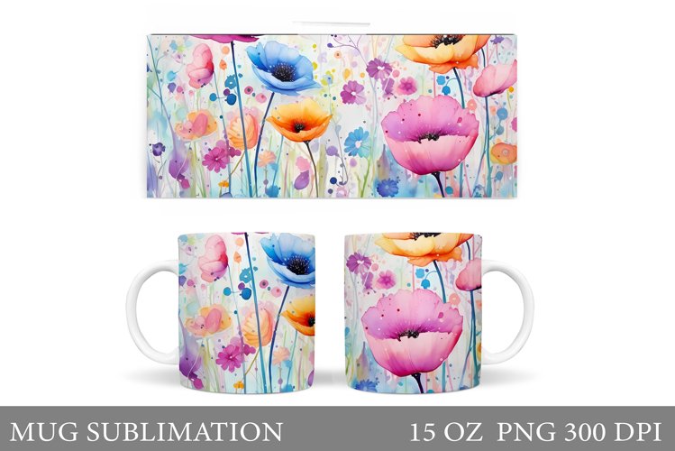 Wildflowers Mug Sublimation. Flowers Mug Wrap Template