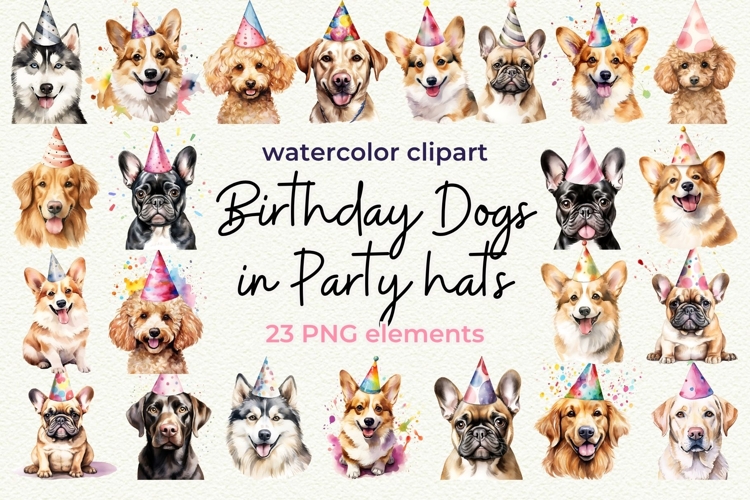 23 Birthday Dog Breeds in Party Hats Watercolor Clipart PNG