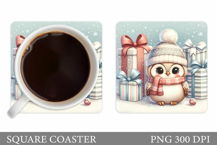 Christmas Owl Coaster Sublimation. Christmas Coaster Design