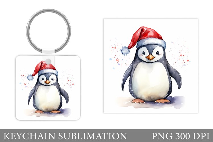 Christmas Penguin Keychain. Cute Penguin Square Keychain example image 1
