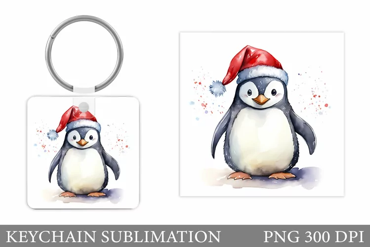 Christmas Penguin Keychain. Cute Penguin Square Keychain