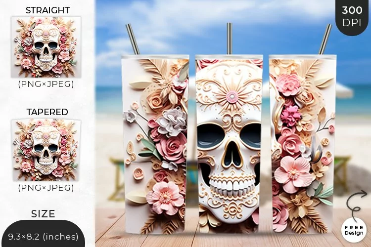 3D White Skull Tumbler Wrap | 3D Sublimation Wrap Design