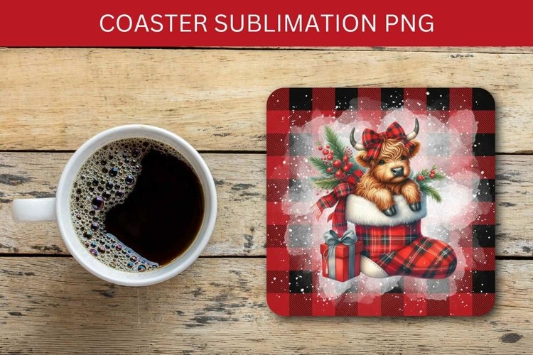 square coaster - highland cow in christmas stocking example image 1