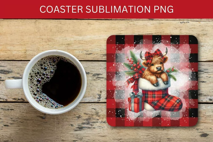 square coaster - highland cow in christmas stocking