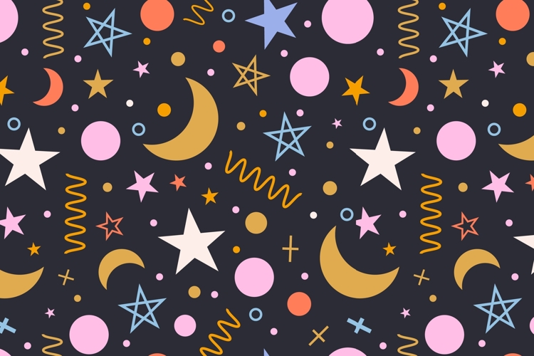 Festive holiday seamless pattern with stars, moon, circles