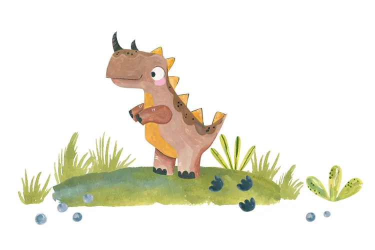 Watercolor cute brown dinosaur standing on green grass hill