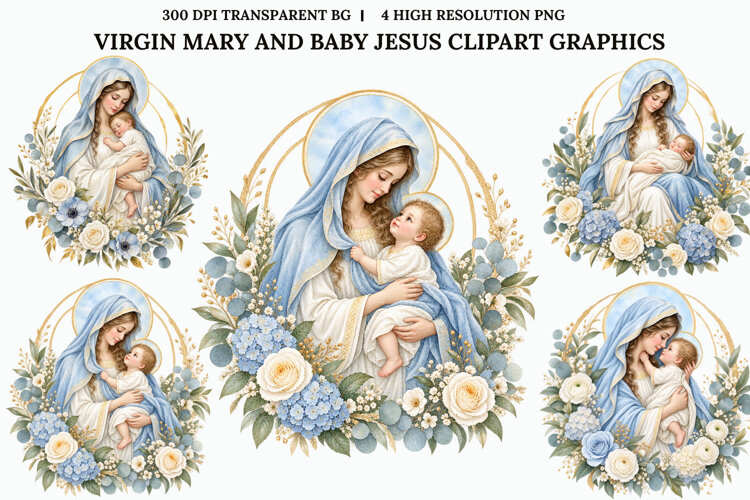 Virgin Mary Baby Jesus Floral Christian Sublimation PNG example image 1
