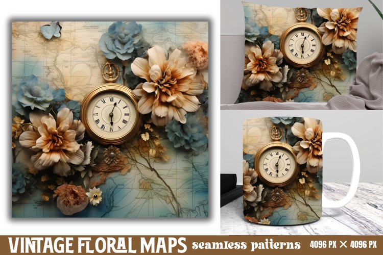 Vintage Floral Maps Seamless Patterns Backgrounds,