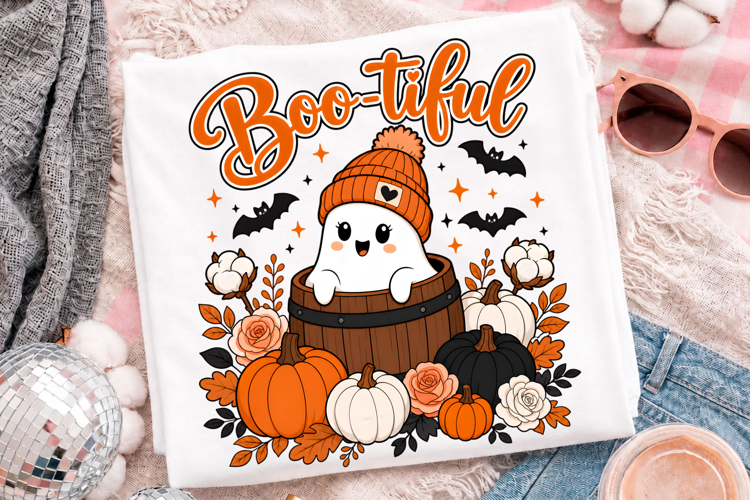 Cute Boo-tiful Ghost Halloween T-Shirt Design With Pumpkin