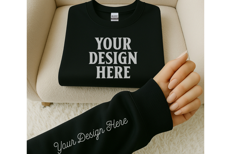 Gildan 18000 Black Sleeve Sweatshirt Mockup | Cozy Crewneck