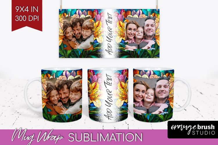 Stained Glass Photo Mug Wrap PNG - Flowers Picture Frame Mug