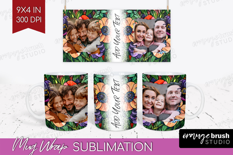 Stained Glass Photo Mug Wrap PNG - Flowers Picture Frame Mug