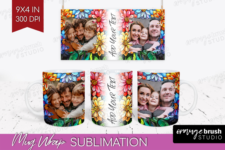 Stained Glass Photo Mug Wrap PNG - Flowers Picture Frame Mug