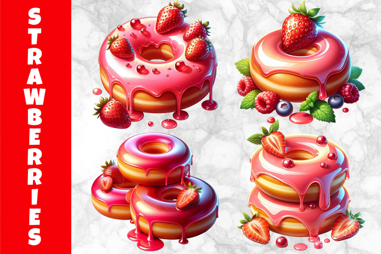 Strawberry Donuts with Glaze Clipart, Donut Lover Prints