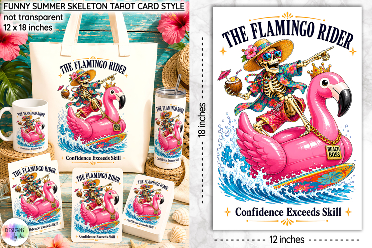 Funny Summer Skeleton Sublimation, Flamingo Rider Tarot Card