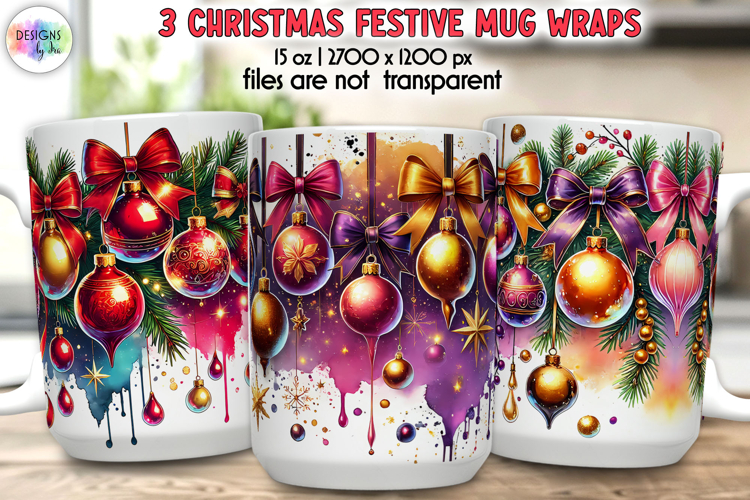 Christmas Ornaments Mug Wrap, Watercolour Christmas Mug Wrap