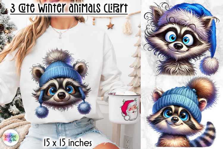 Cute Winter Animals in Blue Hat Clipart, Funny Baby Racoon