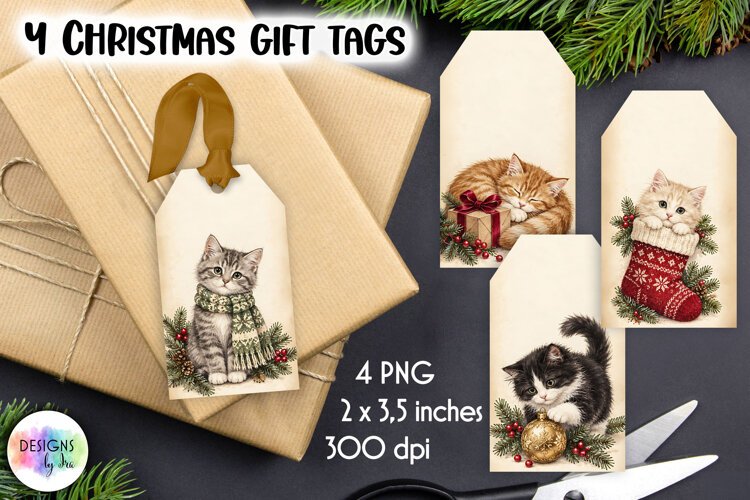 Vintage Gift Tags, Christmas Cats Printable Gift Tags example image 1