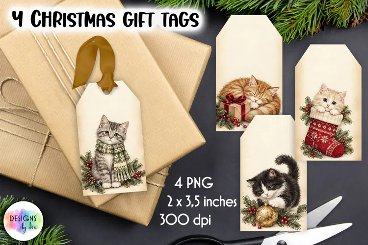 Vintage Gift Tags, Christmas Cats Printable Gift Tags
