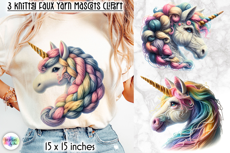 Knitted Unicorn Clipart, Faux Yarn Plush Unicorn Mascot PNG