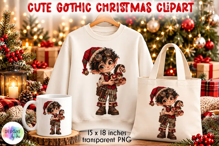 Gothic Christmas Toymaker Elf Boy PNG, Christmas Clipart