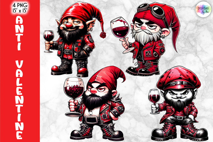 Anti-Valentine Rock Gnomes Clipart, Gothic Valentine Gnome
