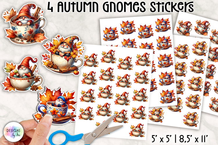 Autumn Gnome Stickers, Cute Fall Harvest Pumpkin and Leaves