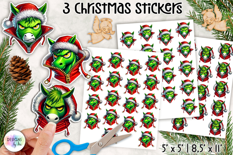 Christmas Grumpy Stickers, Funny Green Character Holiday