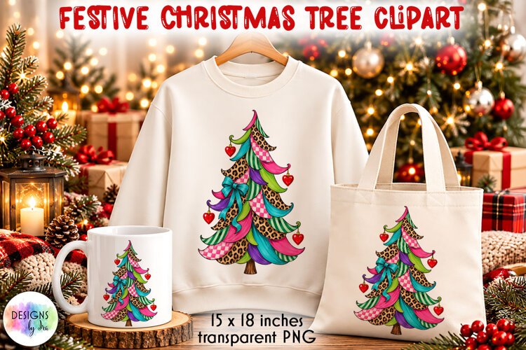 Wonky Leopard Patchwork Christmas Tree PNG with Hearts example image 1