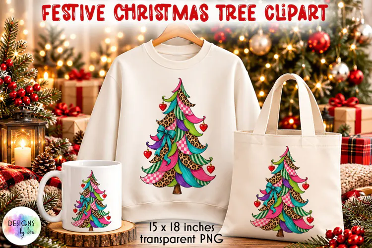 Wonky Leopard Patchwork Christmas Tree PNG with Hearts