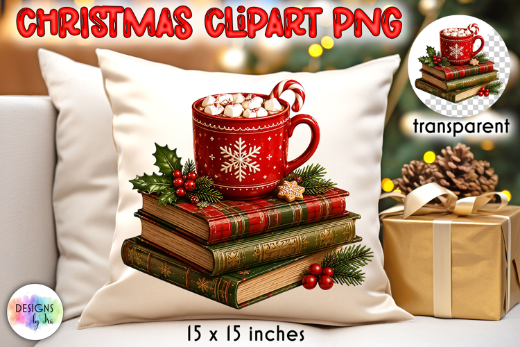 Christmas Book Stack and Candy Cane Cocoa PNG