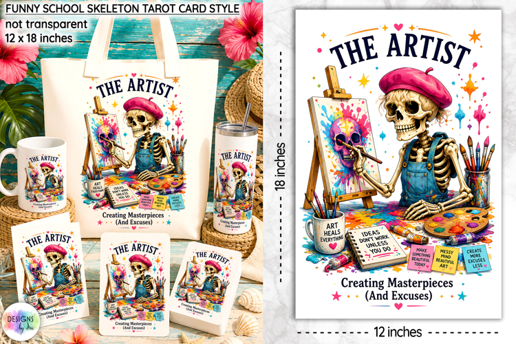 Funny School Skeleton Tarot Card PNG, The Artist Skeleton