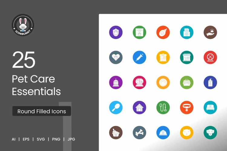 Pet Care Essentials Round Filled Icons