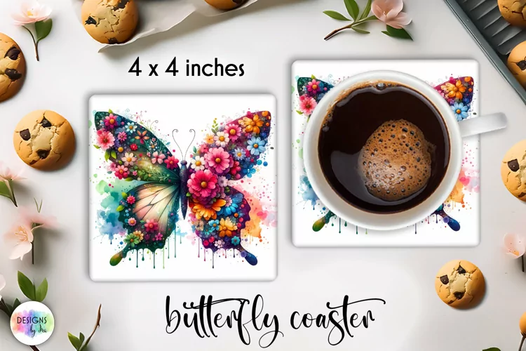 Floral Butterfly Coaster | Watercolour Butterfly Coaster PNG