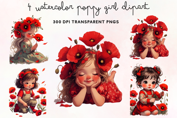 Watercolor Poppy Girl Clipart PNG