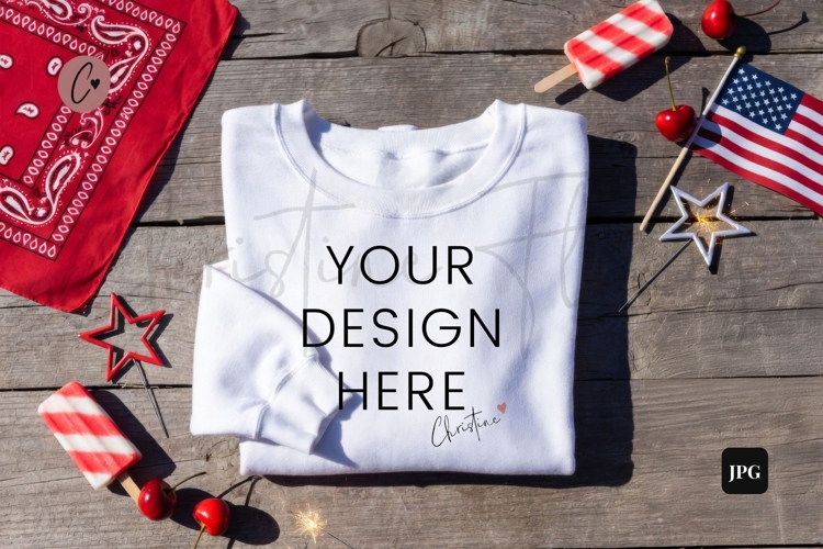 4th Of July White Sweatshirt Mockup Flatlay