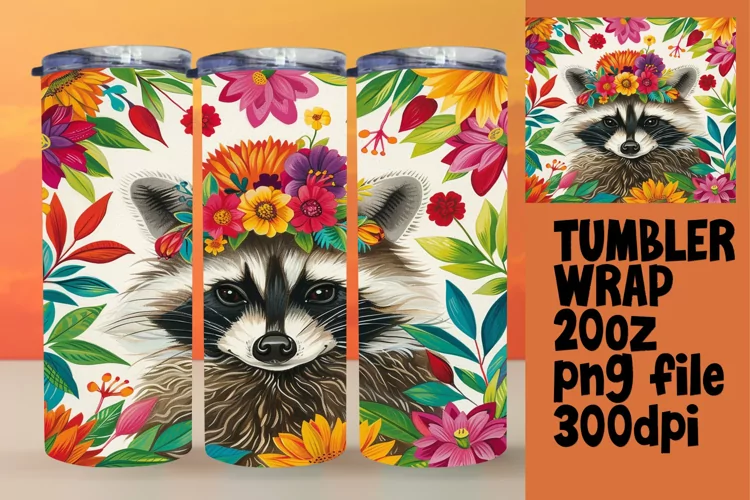Raccoon with Blooms Tumbler Wrap for 20oz Sublimation