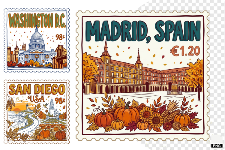 Fall Travel Postage Stamps Clipart