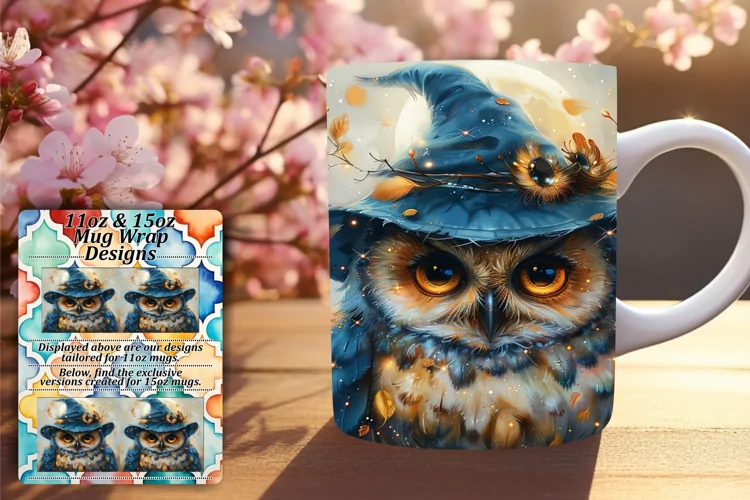 Watercolor Owl Mug Wrap for Spring 11oz 15oz Sublimation