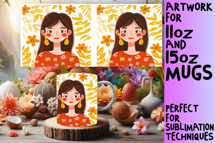 Lovely Woman Portrait Mug Wrap with Flowers 11oz/15oz example image 1