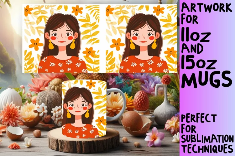 Lovely Woman Portrait Mug Wrap with Flowers 11oz/15oz