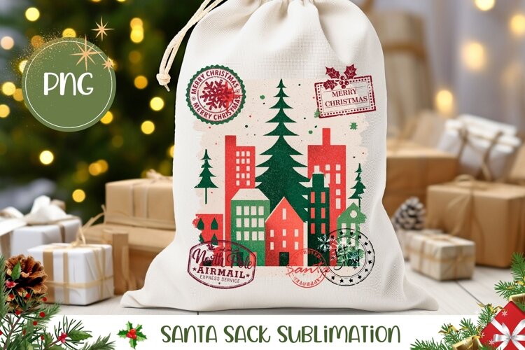 Christmas Town Santa Sack Sublimation, Christmas Gift Bag example image 1
