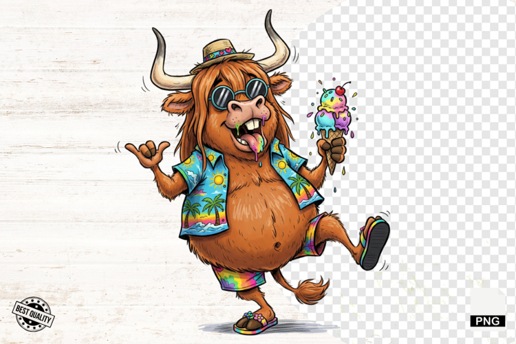 Summer Whimsical Highland Cow Clipart