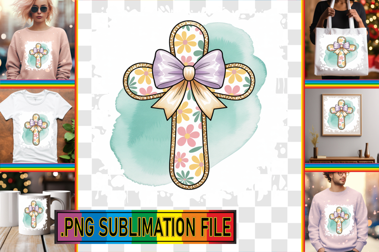 Vibrant TOTE BAG Art Ideas PNG, Cross and Bow