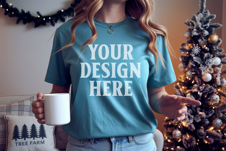 Comfort Colors 1717 Blue Spruce Christmas T-Shirt Mockup, Bo