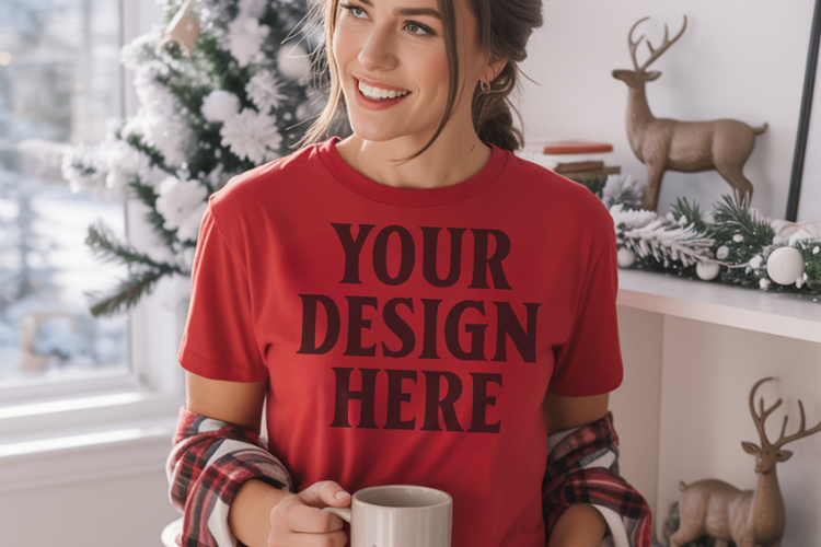 Christmas Comfort Colors 1717 Red T-Shirt Mockup Real Model