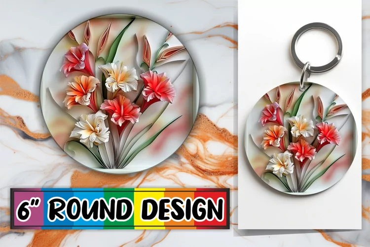 Spring 3D Flowers Keychain Circle Design Sublimation Art